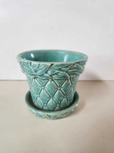 Vintage McCoy USA Teal Sea Green Diamond Bead Leaf Planter Saucer MCM