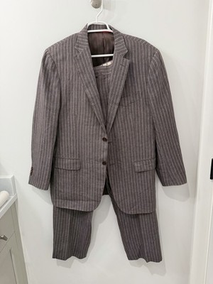Isaia Napoli Men s Two Piece Linen Suit Brown Blue Pinstripe, 44R, 38x30