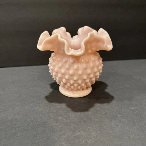 Fenton Pastel Opaque Pink Art Glass Hobnail Ruffled Crimped Rose Bowl Vase HTF