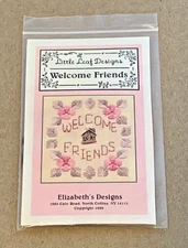 Pink Floral "Welcome Friends" Cross Stitch Chart Pack w/ Floss & Cottage Charm