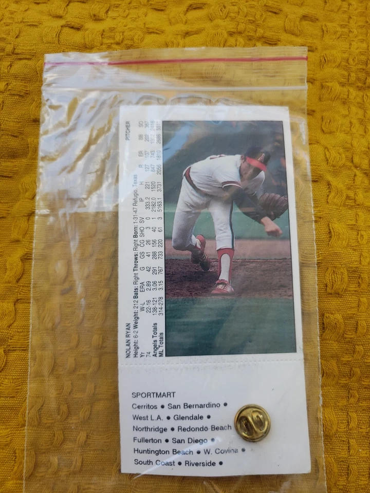 1992 Rawlings Sportmart Nolan Ryan 3rd No-hitter Special Lapel Pin Angels w/Card - Image 3 of 4
