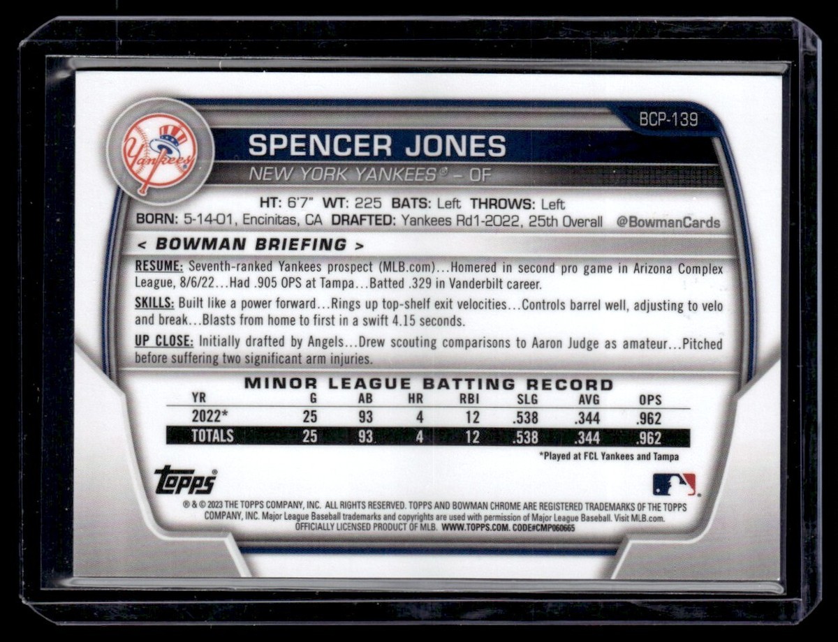2023 Bowman - Chrome Prospects Spencer Jones #BCP-139 Aqua Shimmer