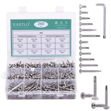 EASTLO 320pcs Pan + Flat Head Self Tapping Screws #10 Size 410 Stainless Stee...