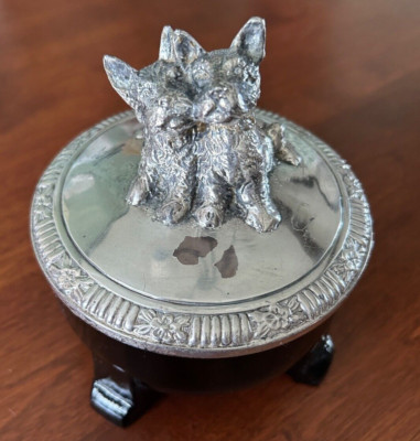 Weidlich Bros Art Deco black glass vanity box silver plated lid scottie dogs