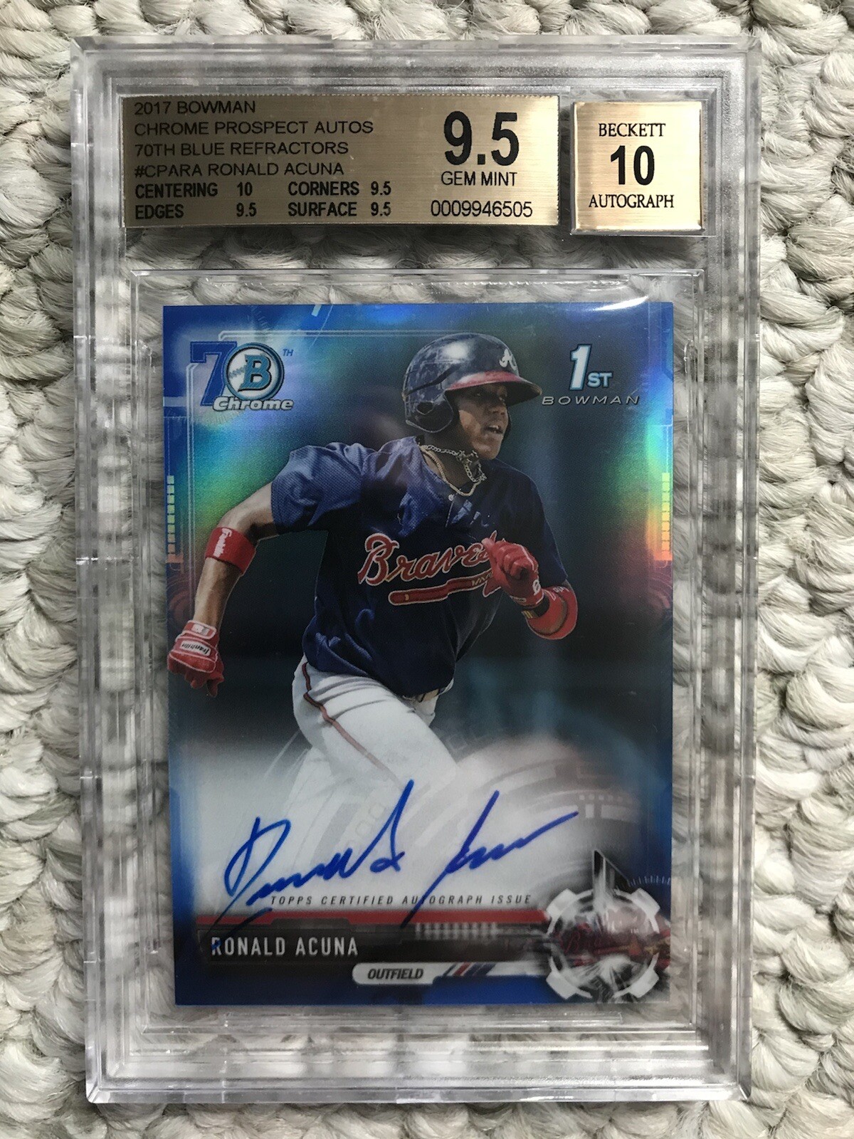 2017 BOWMAN CHROME BLUE REFRACTOR RONALD ACUNA 70TH BGS 9.5 AUTO 10 GEM+ RC MVP
