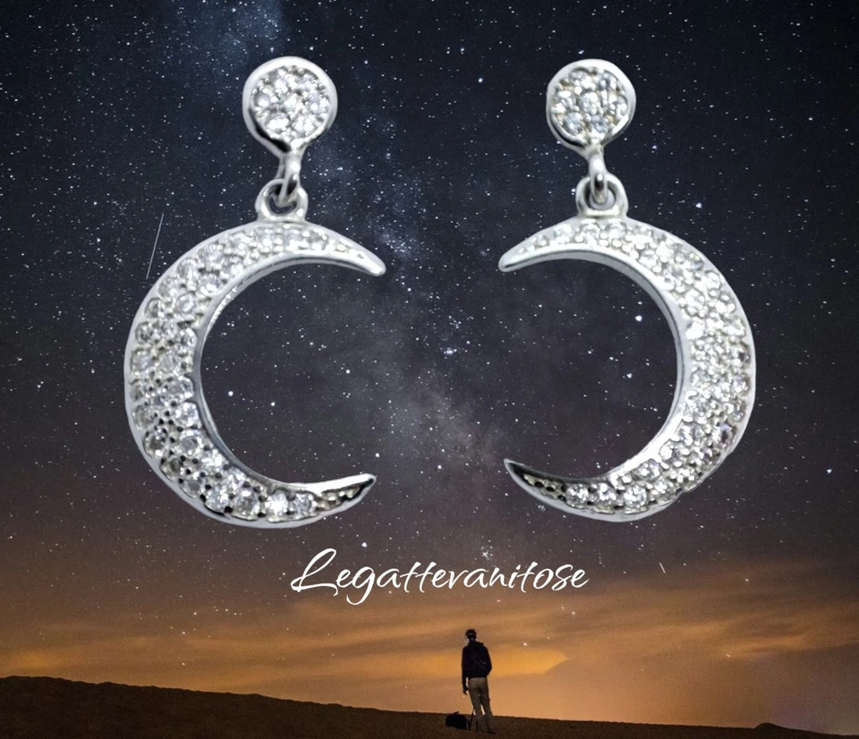 Orecchini Donna in Argento 925 . Orecchini pendenti con Zirconi bianchi Con luna - Immagine 2 di 4