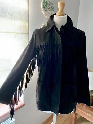 Zara Black Western Real Leather Suede Fringed Jacket XS UK8 New With Tags - Image 1 of 4