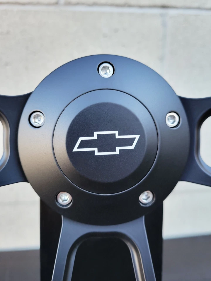 14" Black Billet Steering Wheel Real Dark Wood Burnt Pine Rivets Chevy Bowtie - Image 2 of 4