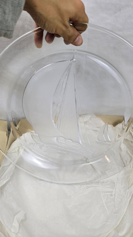 Vintage The Crystal Shoppe Clear Platter Nautical Sailboats Glass Decorative