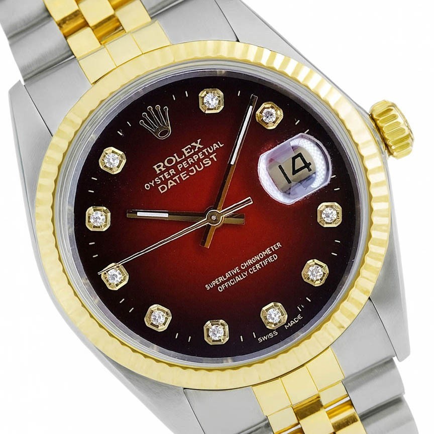 【美品】 ROLEX DATEJUST 16233 ４コマ Rolex Mens Datejust 16233 Two-Tone Red Vignette Dial Watch w