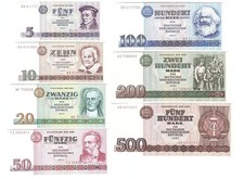 Germany DR - set 7 banknotes 5 10 20 50 100 200 500 Mark 1971 - 1985 aUNC / XF