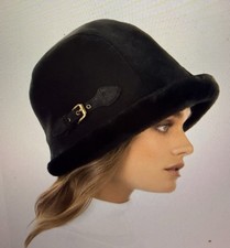 Eric Javits Vail Winter Black Suede & Faux Beaver Fur Lined Hat One Size $425.