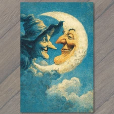 POSTCARD Crescent Moon Grinning Nose Kiss Witch Hat Blue Sky Clouds Halloween