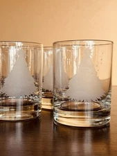 Vintage Frosted Etched Textured Pine Tree Double Old Fashion Glasses Set Of 6