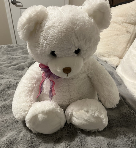First and Main Plush "Dean" Teddy Bear 15" White Stuffed Animal Purple Bow EUC