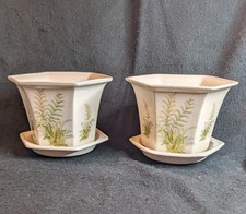 Pair of Vintage Royal Winton Pottery Hexagonal Ironstone Planters with Saucers