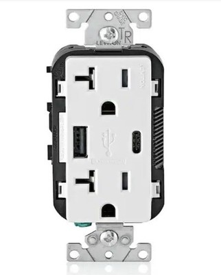 Leviton 20A Decora USB-A USB-C Charger Duplex Outlet Tamper Resistant White