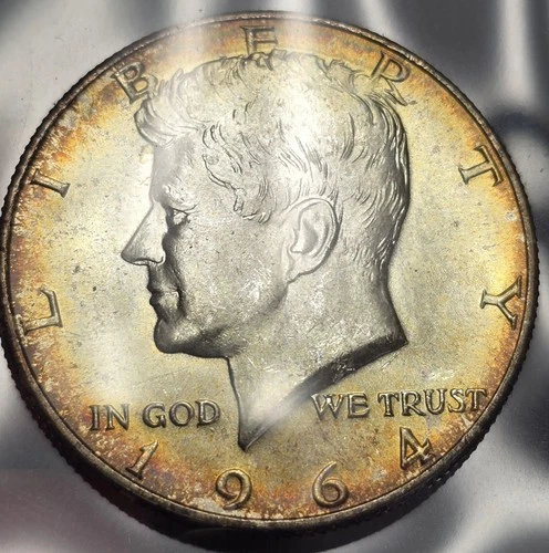 Bu Unc Rainbow Toned 1964 D Kennedy Silver Half Dollar US Coin Uncirculated