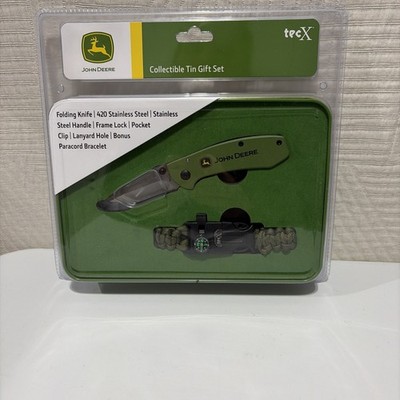 John Deere TecX Tin Set Folding Knife 420 Stainless Steel And Paracord Bracelet 