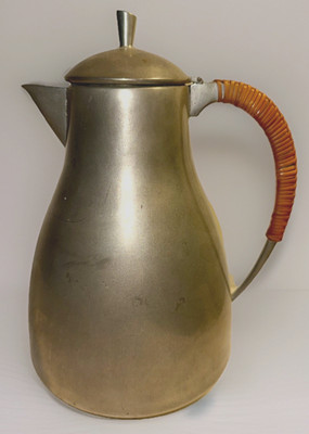 Dansk Pewter Water Pitcher w/ Original Rattan Wrapped Handle Danish Modern 1950s