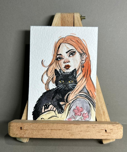 Original ACEO Watercolor Painting OOAK Girl Black Cat Portrait Miniature Art