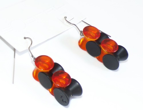 Sobral Cilindros Clear Orange &Opaque Black Hourglass Beads Artist Made Earrings - Picture 2 of 5