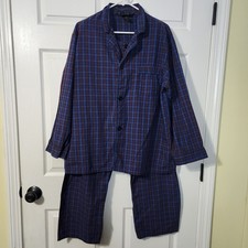 Bill Blass Men's Plaid Pajama Set L Blue Burgundy Button, vintage