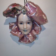 Handcrafted Mardi Gras Jester Wall Mask With Pink Metallic Fabric Venitian Decor