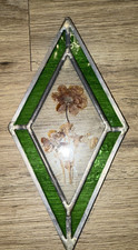 Stained Glass Suncatcher Leaded Emerald Green Dried Floral 12x6