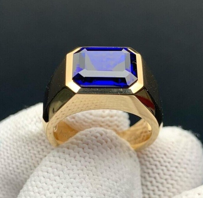 Certified Emerald Cut Natural Blue Sapphire Men's Ring 14k
