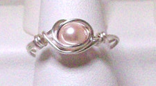 Ring-wire wrapped light pink 6 mm pearl, silver plated 20 gauge wire, size 7