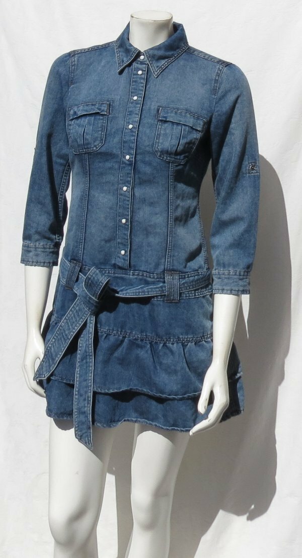 EDC by ESPRIT Women's Blue Denim Pearl Snaps Tiered Mini