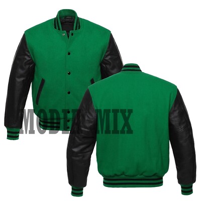 Classic Letterman Green Wool & Leather Vintage Street Wear Bomber Varsity Jacket