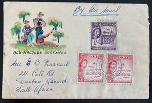 1958 Malta Airmail Hand Drawn cover To Durham South Africa