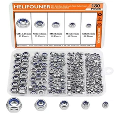 180PCS Nylon Insert Hex Lock Nuts, M3 M4 M5 M6 M8 Sizes 304 Stainless Steel 18-8