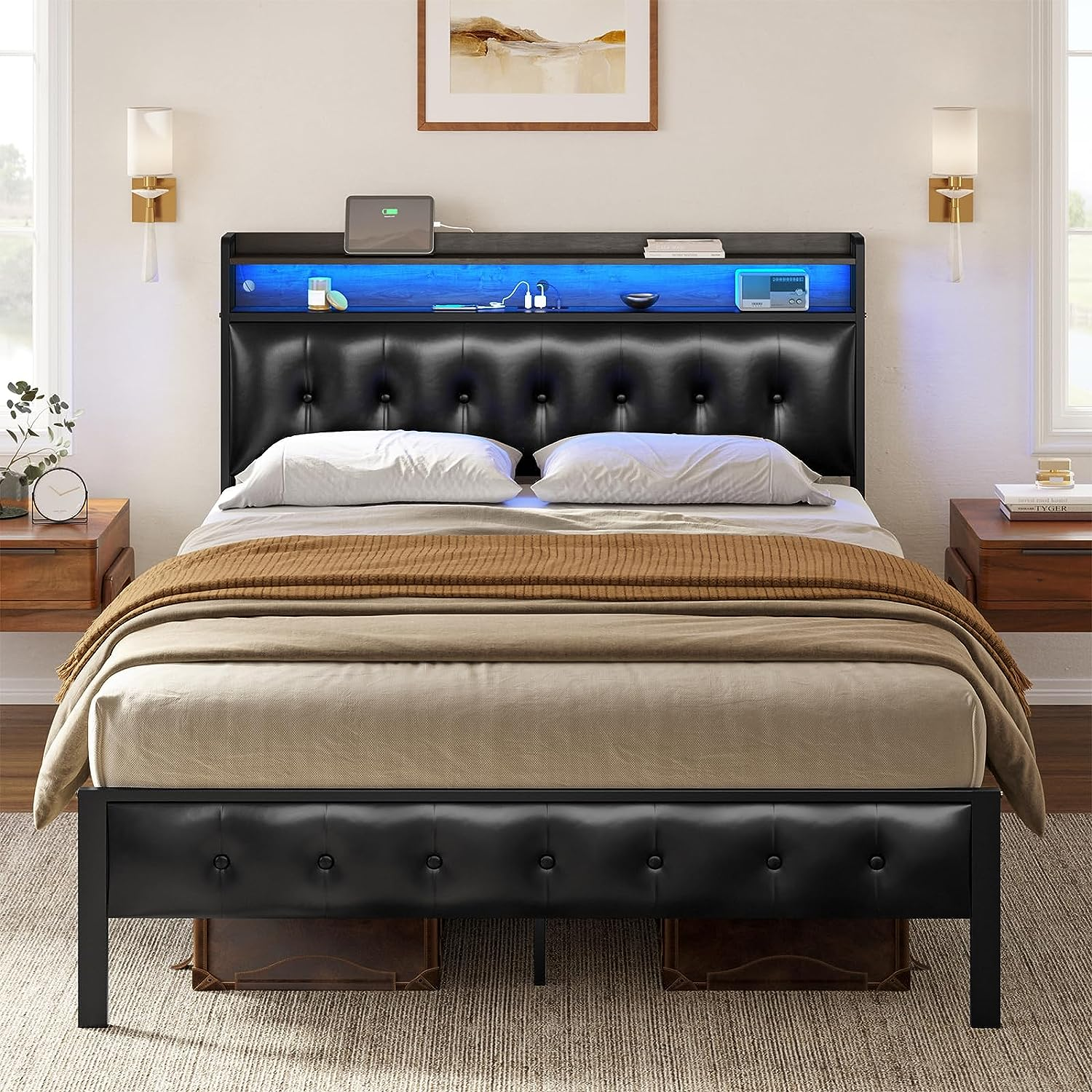 Full Size LED Bed Frame with Storage Headboard & USB Charging-image