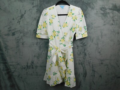 Draper James Dress Womens 4 Wrap Floral Eyelet White Yellow Cottage 100% Cotton
