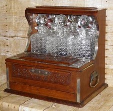 Antique Carved Triple Dark Oak Gambling Tantalus & 3 Crystal Cut Glass Decanters