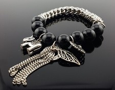 Boho Silver Tone Braid  Black Bead Bracelet w/ Elephant Heart Feather Charms