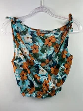 Shein Crop Top Women's Size XS Blue Wrap Tropical Floral Shoulder Ties