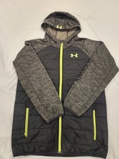 Youth Under Armour ColdGear Hooded Puffer Jacket Gray Neon Green Full Zip YXL