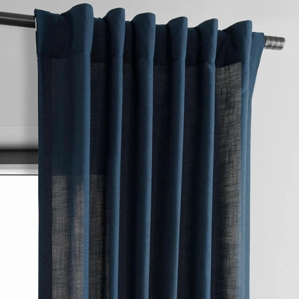 Linen curtain Navy Blue Color Living Room two panels Bedroom Curtain Set - Image 3 of 4