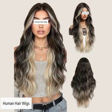 Real Human Hair Wig Fashion for Women's Long Ombre Brown Wavy Curly Wigs 26In