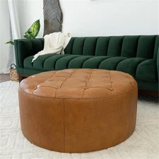 Pemberly Row Contemporary Living Room Tan Genuine Leather Round Ottoman