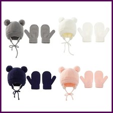 2Pcs Baby Knit Gloves Hat Set Solid Color Autumn Winter Ear Protection Infant