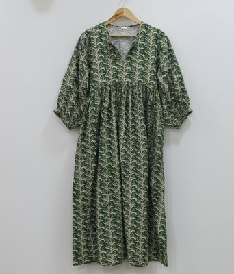 Women Kyra Midi Dress Hand Block Print Cotton Boho Summer Casual Dress