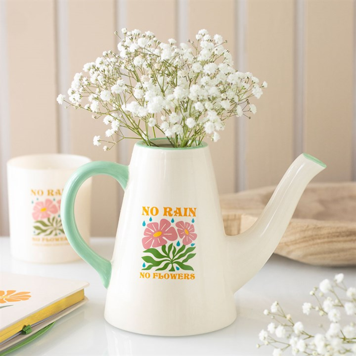 No Rain No Flowers Ceramic Watering Can Vase Indoor Planter Pot Gift for Her