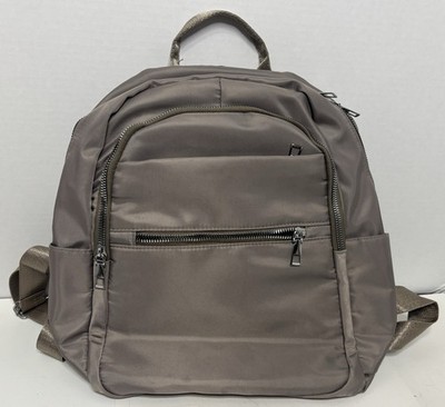 Unbranded Backpack 12.5  Dome Top Taupe Silver Zippers Brown Interior