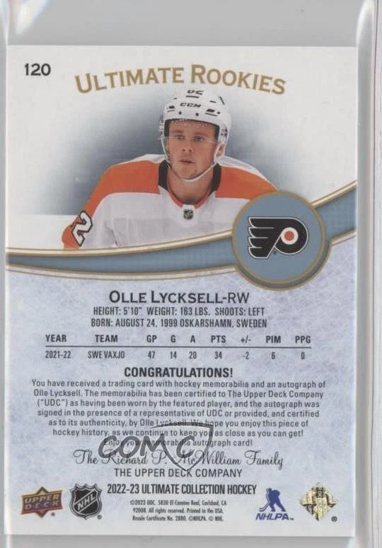 2022 Ultimate Collection Rookies /99 Olle Lycksell #120 RPA Rookie Patch Auto RC - Image 2 of 2