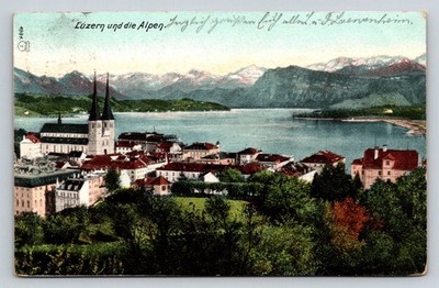 Luzern und die Alpen Switzerland Lake Lucerne Vintage Postcard 1909 Posted